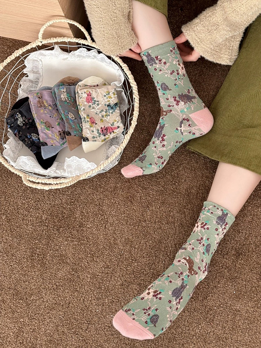 5 Pairs Women Embossed Mori-Style Vintage Literary Versatile Mid-Calf Socks
