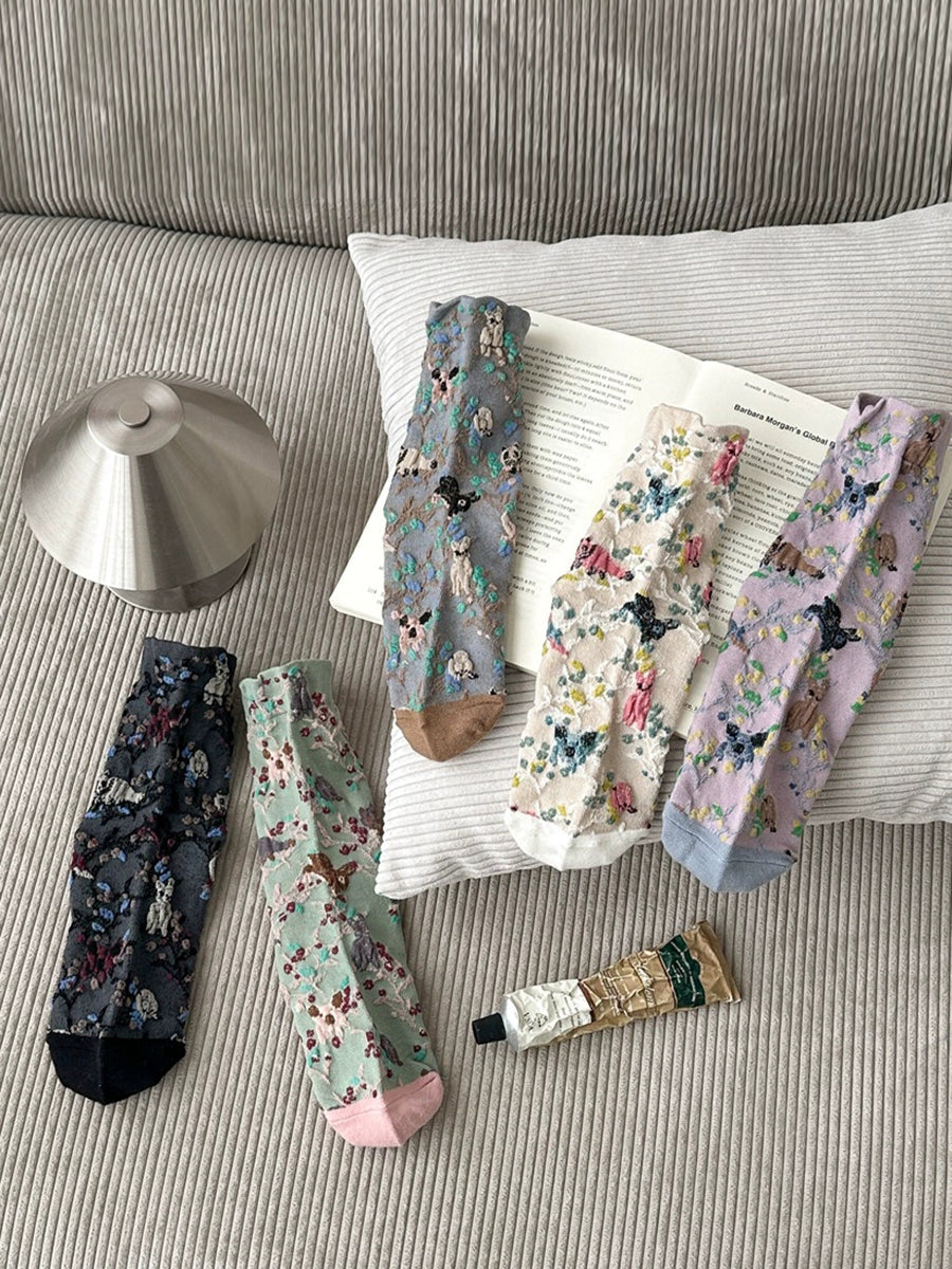5 Pairs Women Embossed Mori-Style Vintage Literary Versatile Mid-Calf Socks