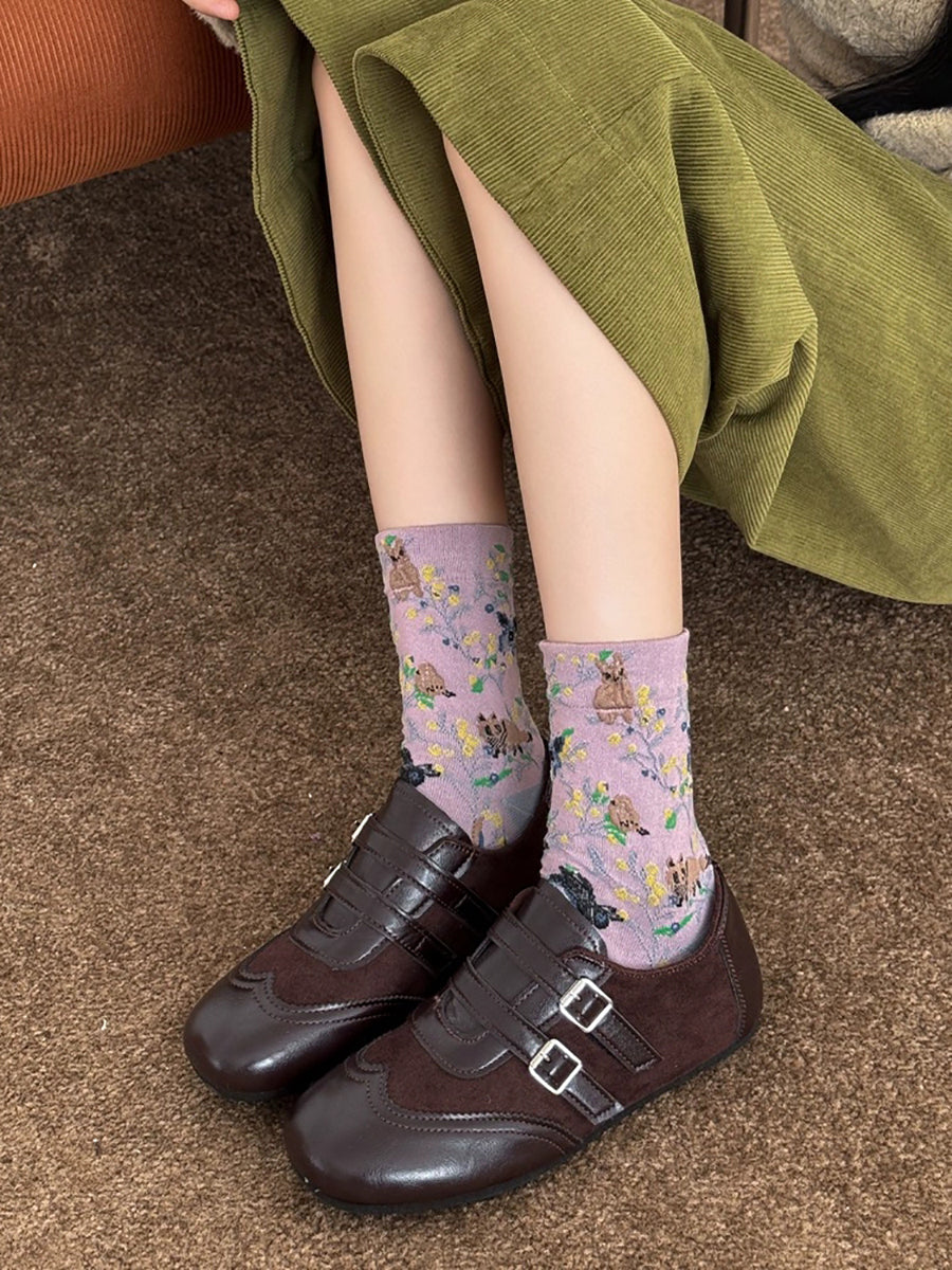 5 Pairs Women Embossed Mori-Style Vintage Literary Versatile Mid-Calf Socks