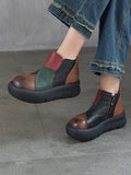 Women Retro Top Grain Leather Color-Block Chunky Platform Ankle Boots