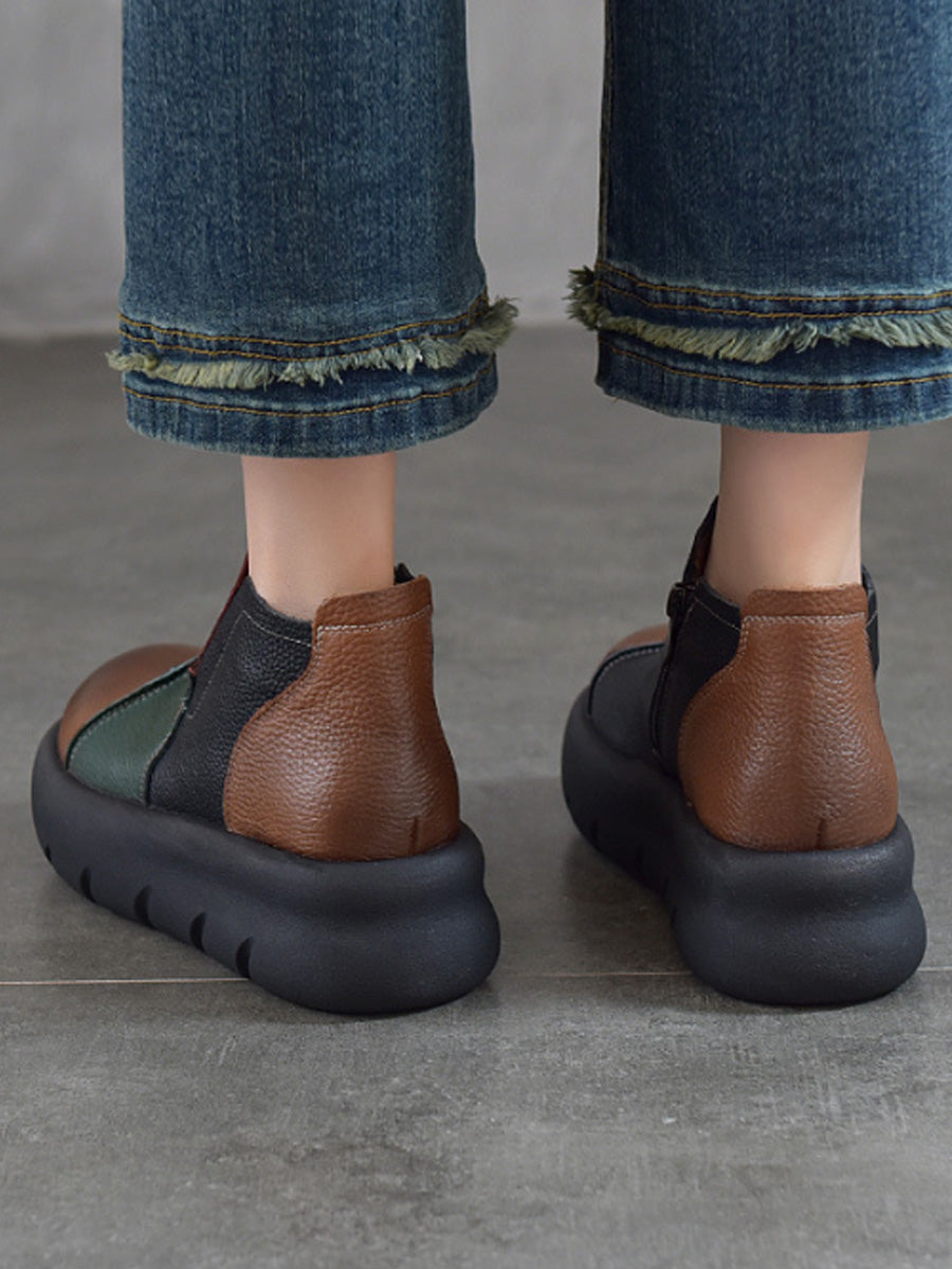 Women Retro Top Grain Leather Color-Block Chunky Platform Ankle Boots