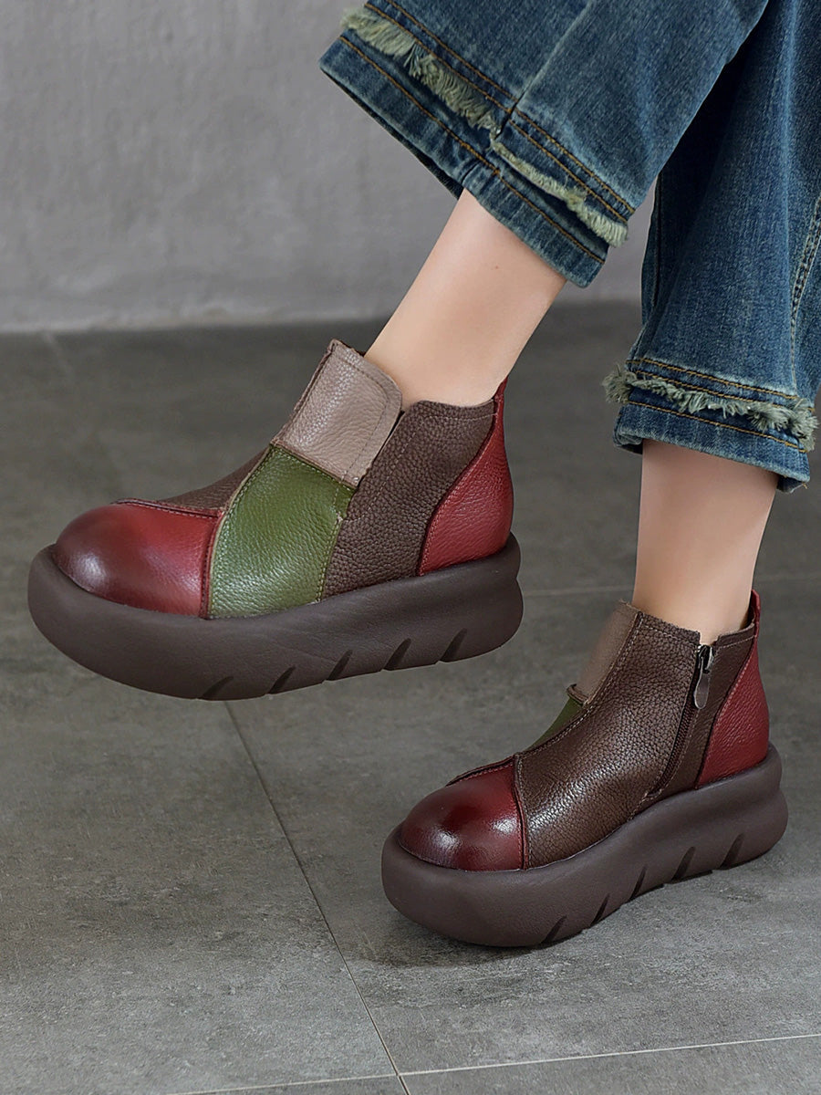 Women Retro Top Grain Leather Color-Block Chunky Platform Ankle Boots