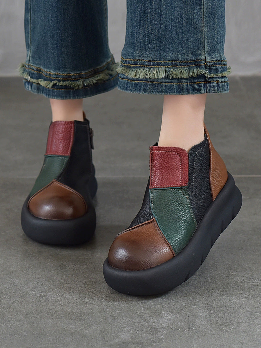 Women Retro Top Grain Leather Color-Block Chunky Platform Ankle Boots
