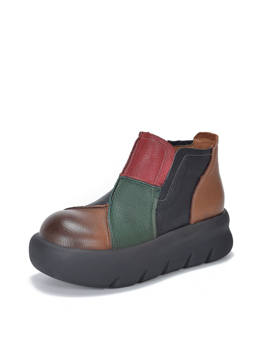 Women Retro Top Grain Leather Color-Block Chunky Platform Ankle Boots