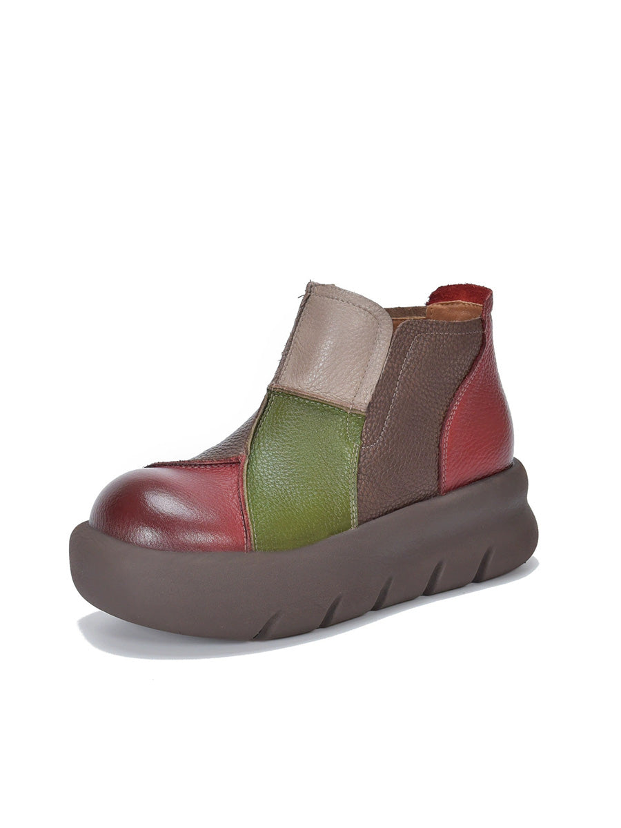 Women Retro Top Grain Leather Color-Block Chunky Platform Ankle Boots
