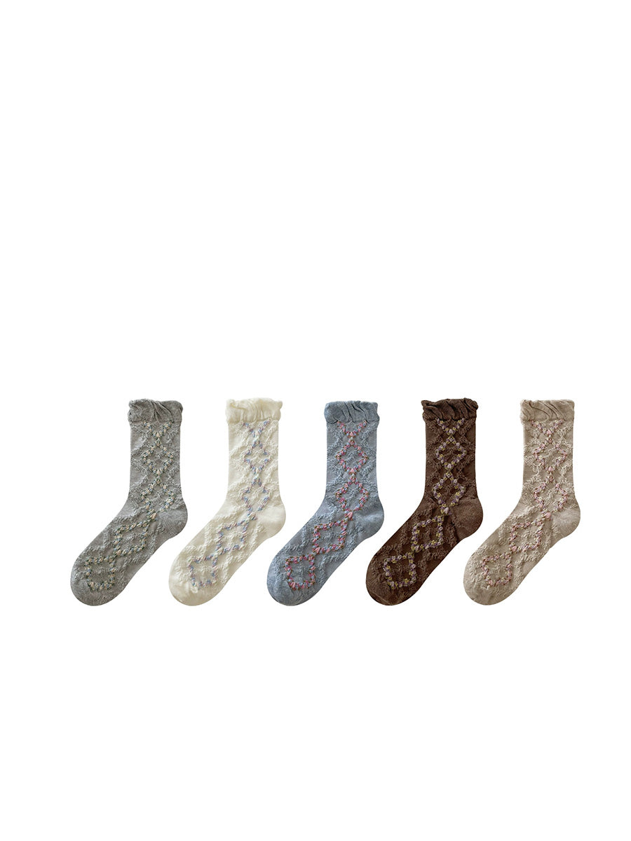5 Pairs Women Mori-Style Vintage Embossed Mid-Calf Cotton Socks