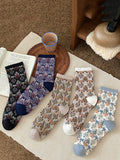 5 Pairs Women Vintage Court-Style Embossed Floral Mid-Calf Socks