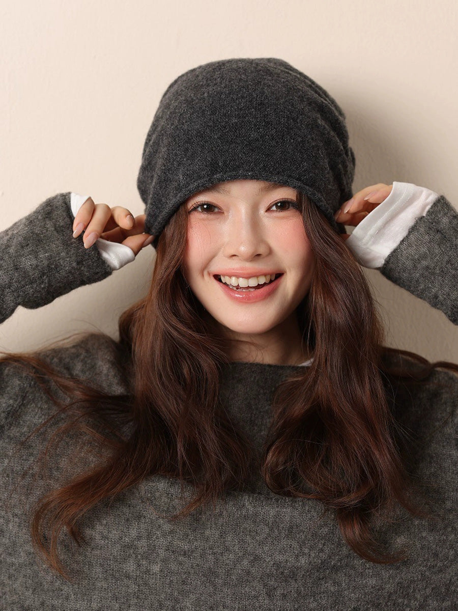 Women Winter 100% Wool Ruched Warm Slouchy Beanie