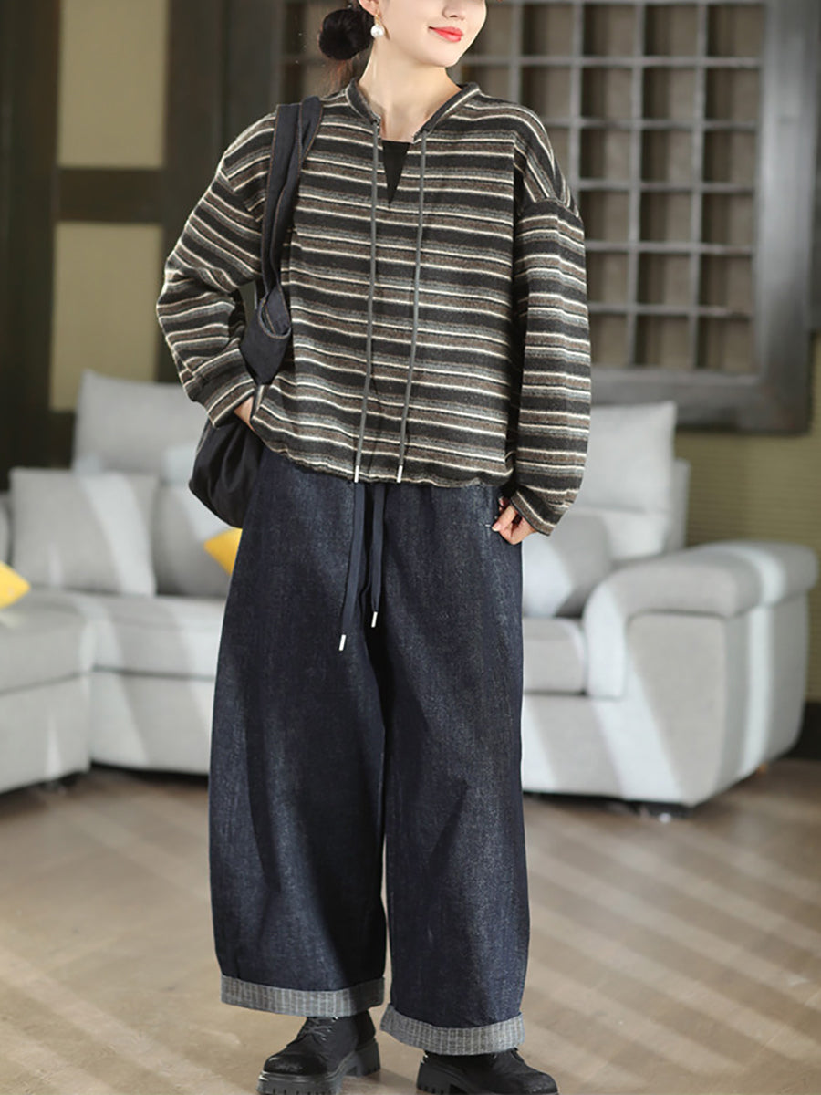 Women Vintage Striped Drawstring Cashmere-Blend Cotton Knit Top