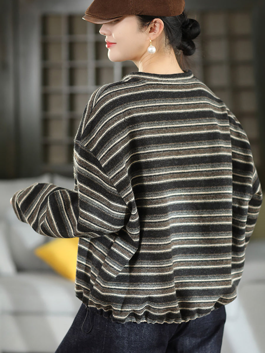 Women Vintage Striped Drawstring Cashmere-Blend Cotton Knit Top