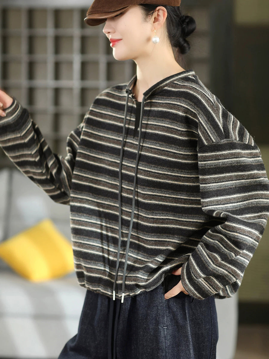Women Vintage Striped Drawstring Cashmere-Blend Cotton Knit Top