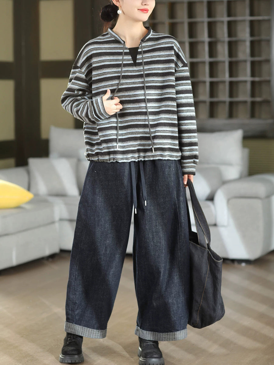 Women Vintage Striped Drawstring Cashmere-Blend Cotton Knit Top