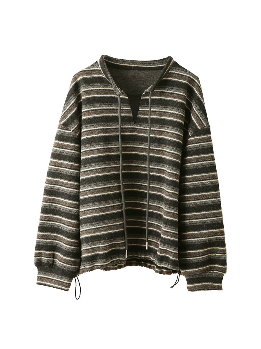 Women Vintage Striped Drawstring Cashmere-Blend Cotton Knit Top