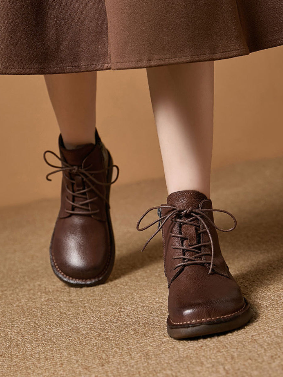 Artistic Mori-Style Leather Ankle Boots – Vintage Burnished Lace-Up Women's Shoes