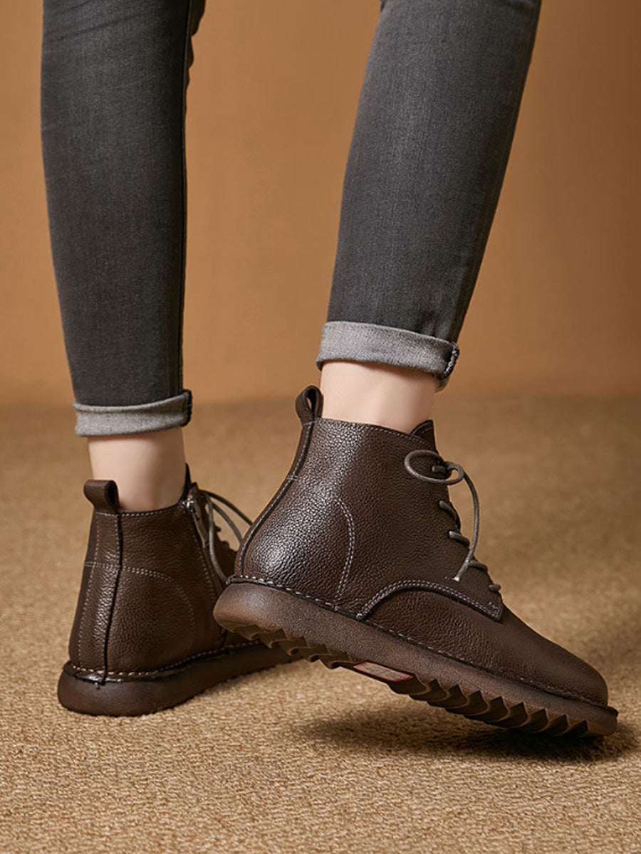Artistic Mori-Style Leather Ankle Boots – Vintage Burnished Lace-Up Women's Shoes