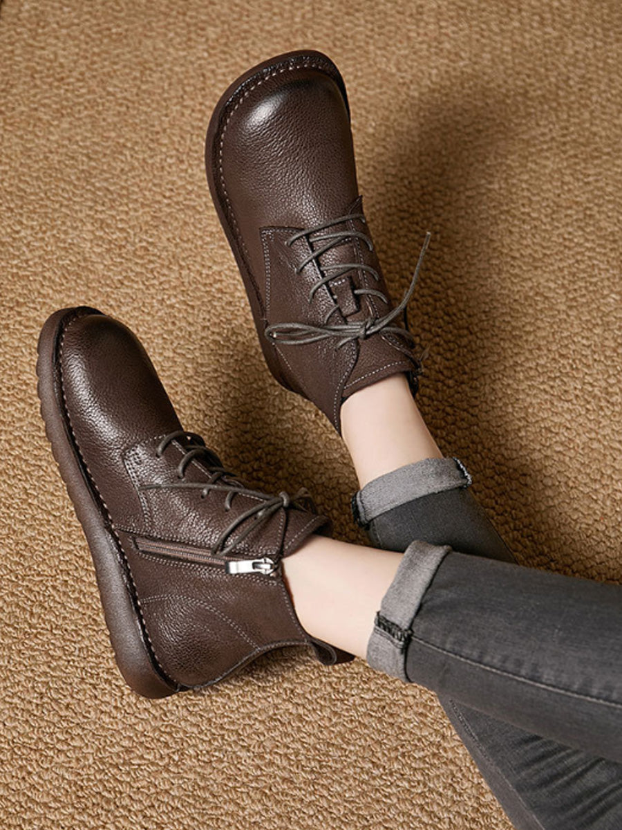 Artistic Mori-Style Leather Ankle Boots – Vintage Burnished Lace-Up Women's Shoes