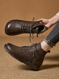 Artistic Mori-Style Leather Ankle Boots – Vintage Burnished Lace-Up Women's Shoes
