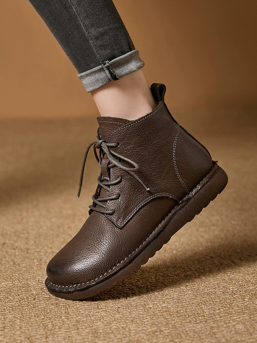 Artistic Mori-Style Leather Ankle Boots – Vintage Burnished Lace-Up Women's Shoes