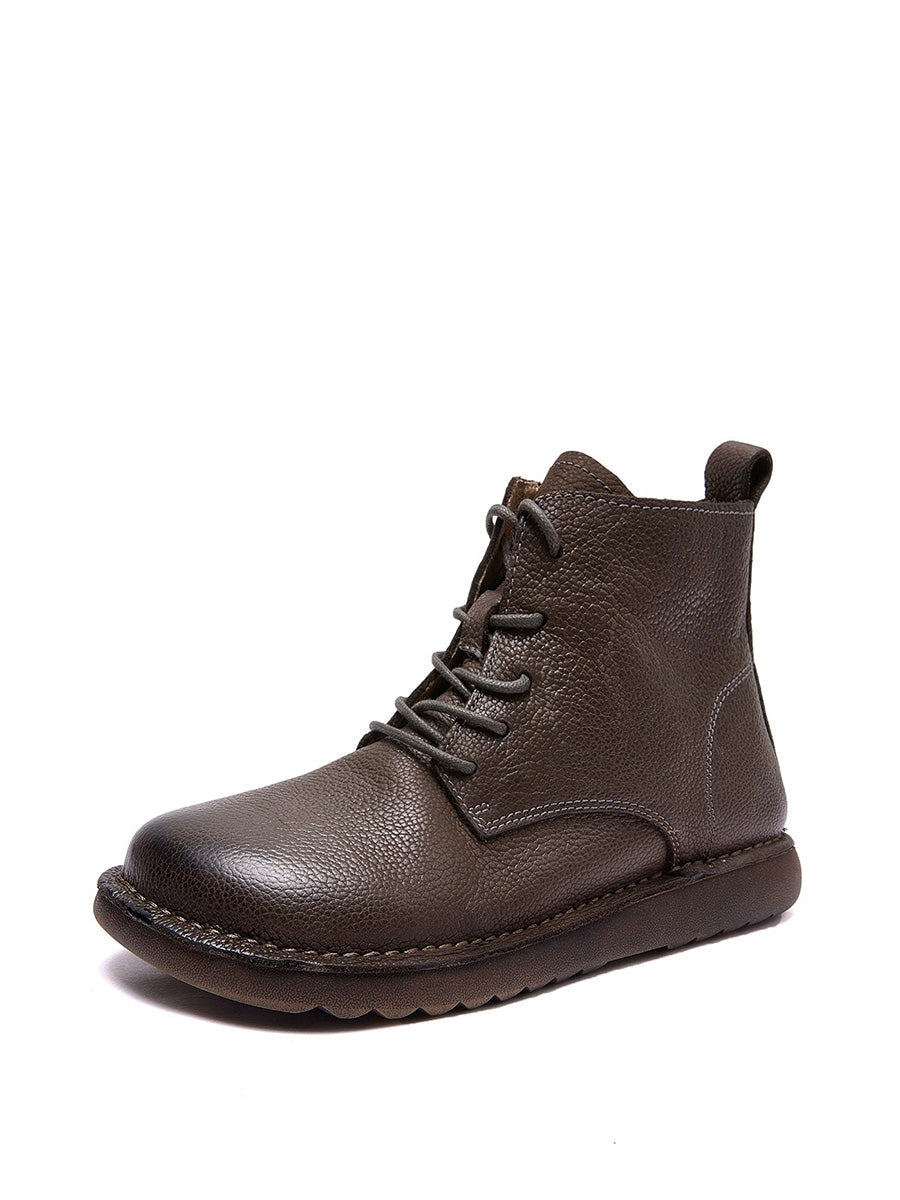Artistic Mori-Style Leather Ankle Boots – Vintage Burnished Lace-Up Women's Shoes