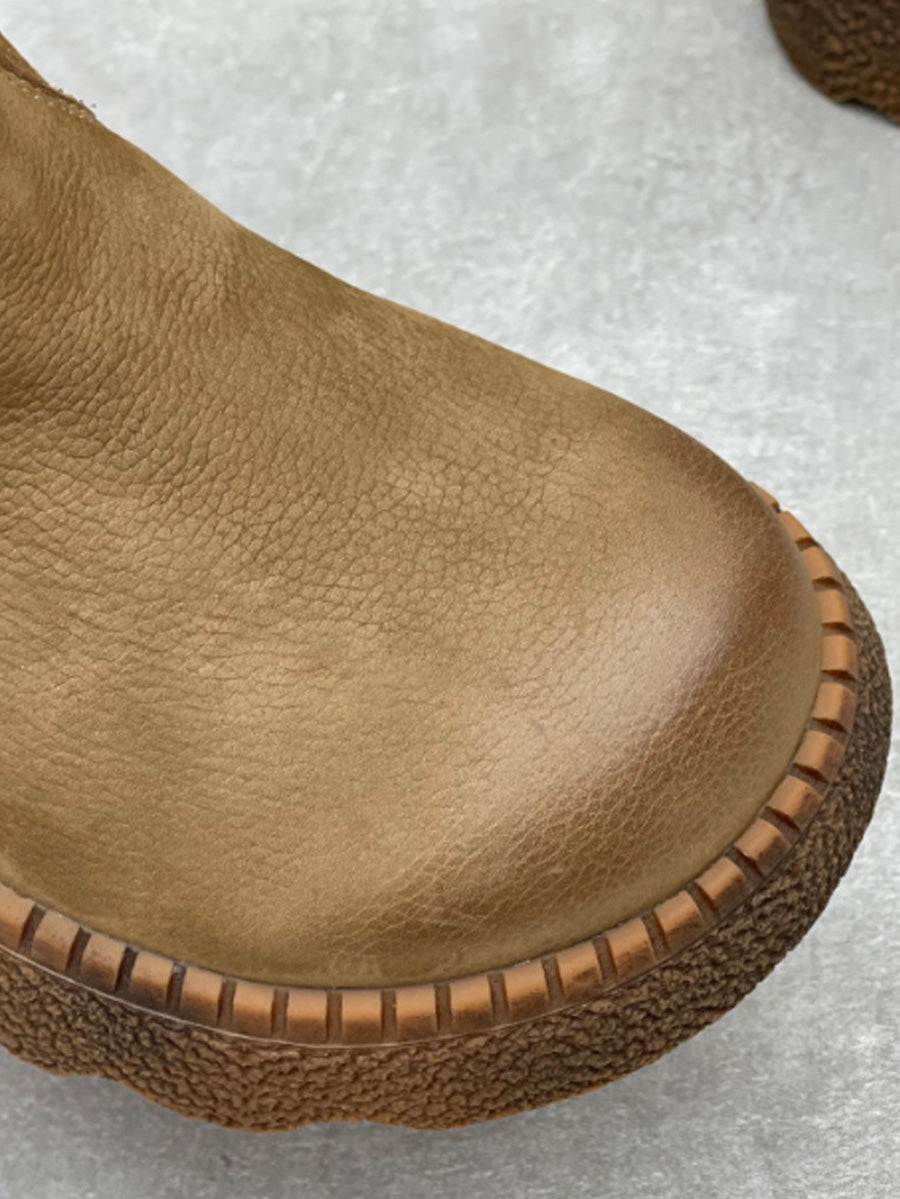 Women Handmade Leather Round Toe Slip On Mid-Calf Rider Boots