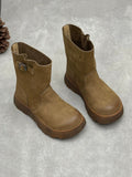 Women Handmade Leather Round Toe Slip On Mid-Calf Rider Boots