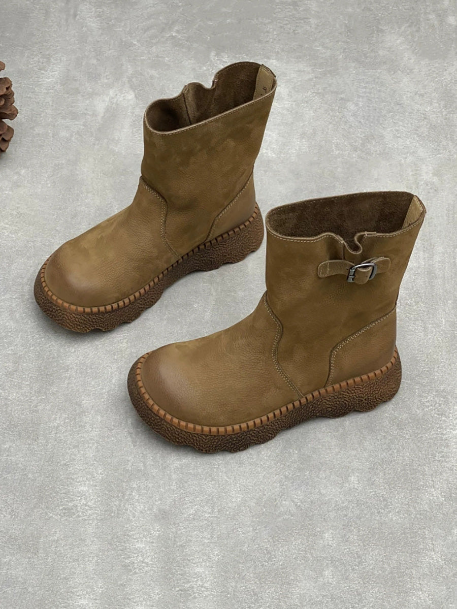 Women Handmade Leather Round Toe Slip On Mid-Calf Rider Boots
