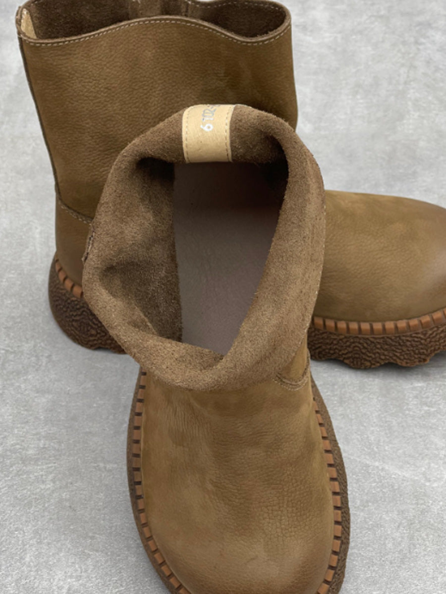 Women Handmade Leather Round Toe Slip On Mid-Calf Rider Boots