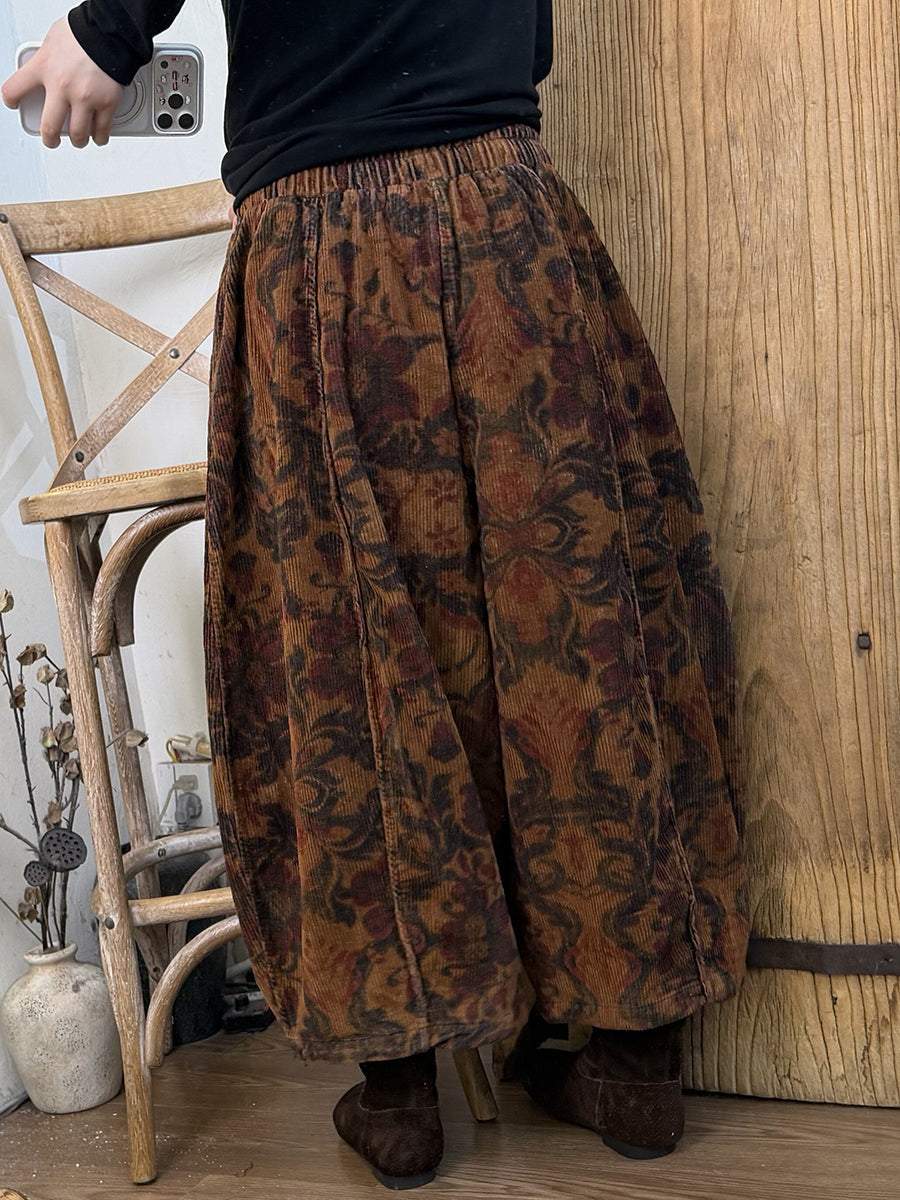 Women Vintage Print Spliced Lantern Pants