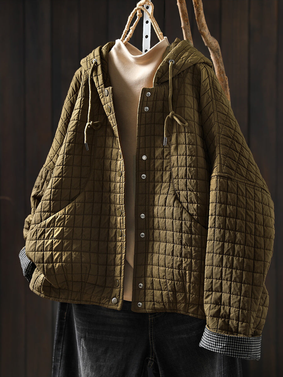 Women Winter Plaid Warm Hooded Padded Cotton Coat