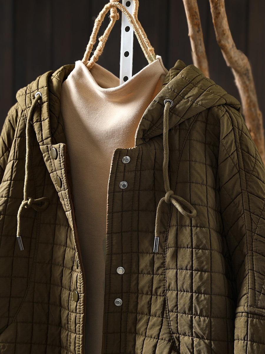 Women Winter Plaid Warm Hooded Padded Cotton Coat
