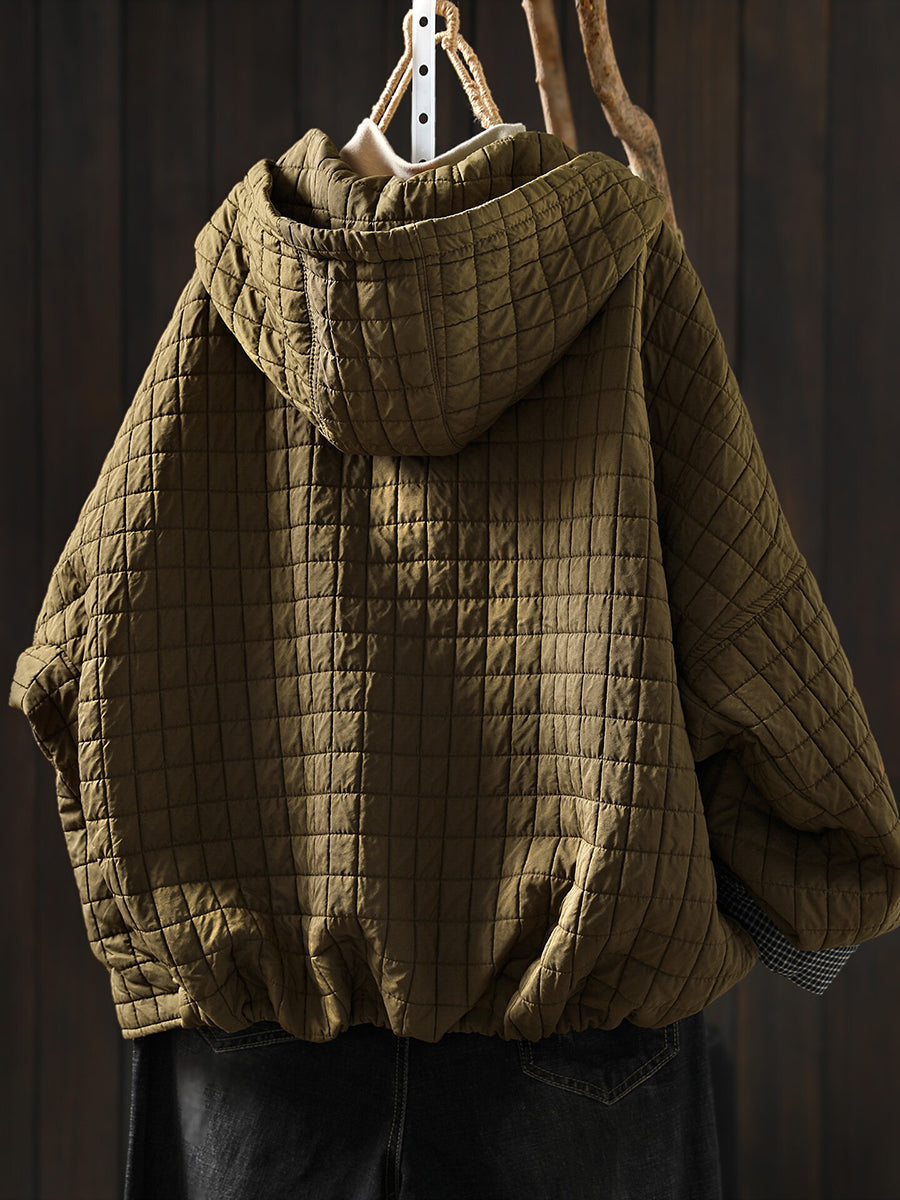 Women Winter Plaid Warm Hooded Padded Cotton Coat