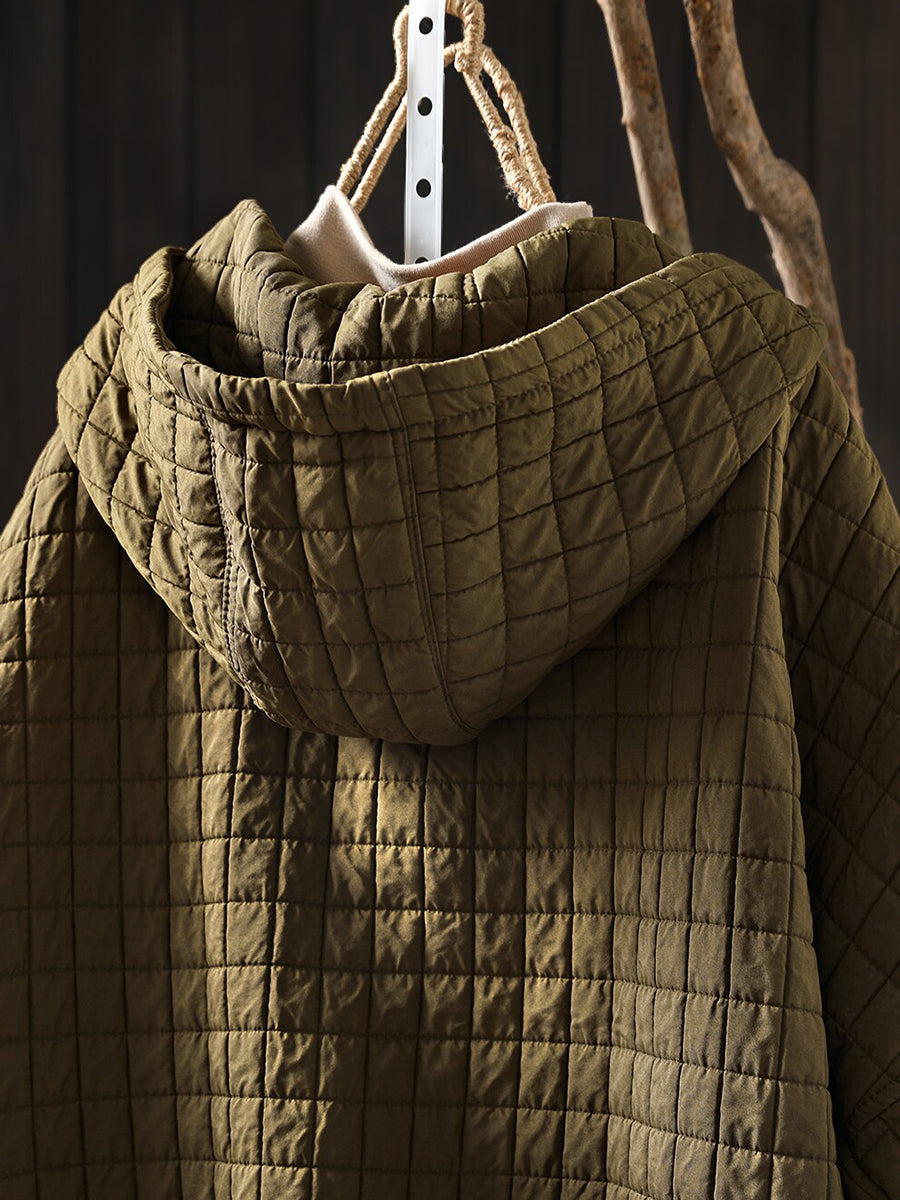 Women Winter Plaid Warm Hooded Padded Cotton Coat