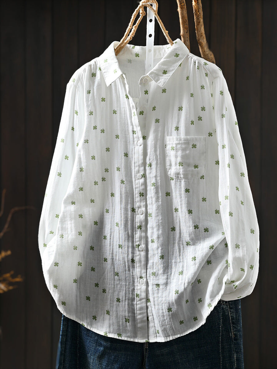 Women Artsy Print 100% Cotton Loose Long Sleeve Blouse