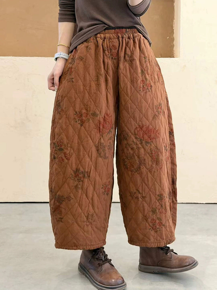 Women Winter Double-Layer Gauze Floral Print Padded Cotton Harem Pants