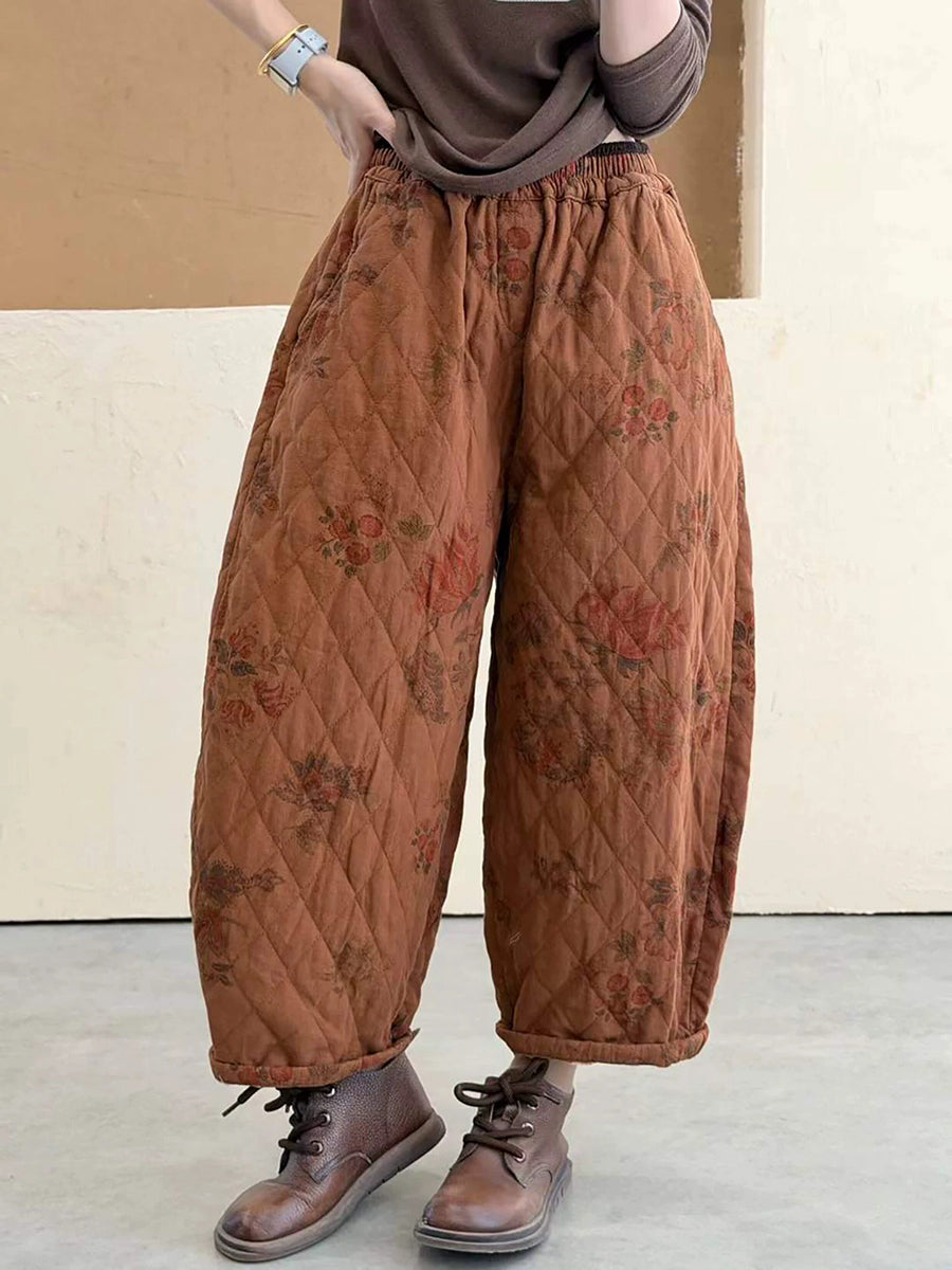 Women Winter Double-Layer Gauze Floral Print Padded Cotton Harem Pants