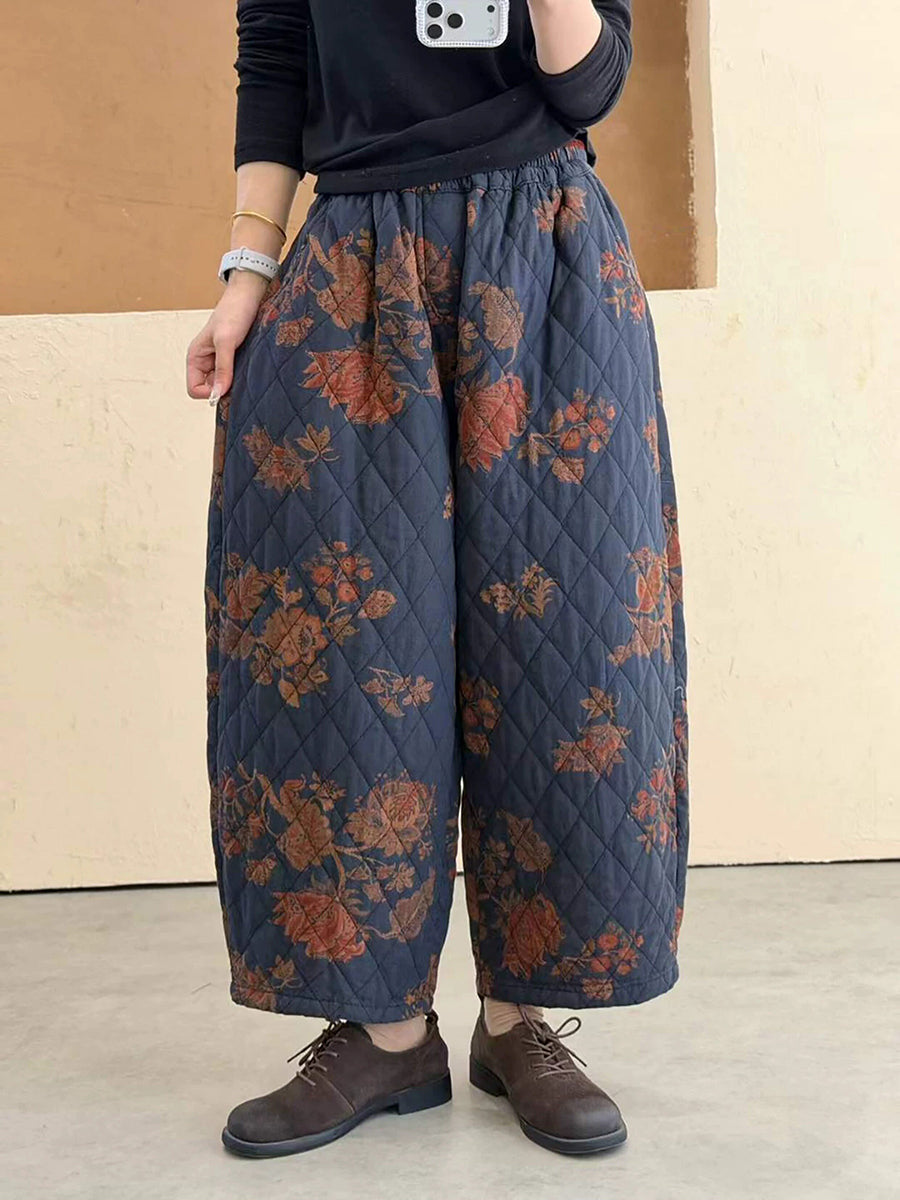 Women Winter Double-Layer Gauze Floral Print Padded Cotton Harem Pants