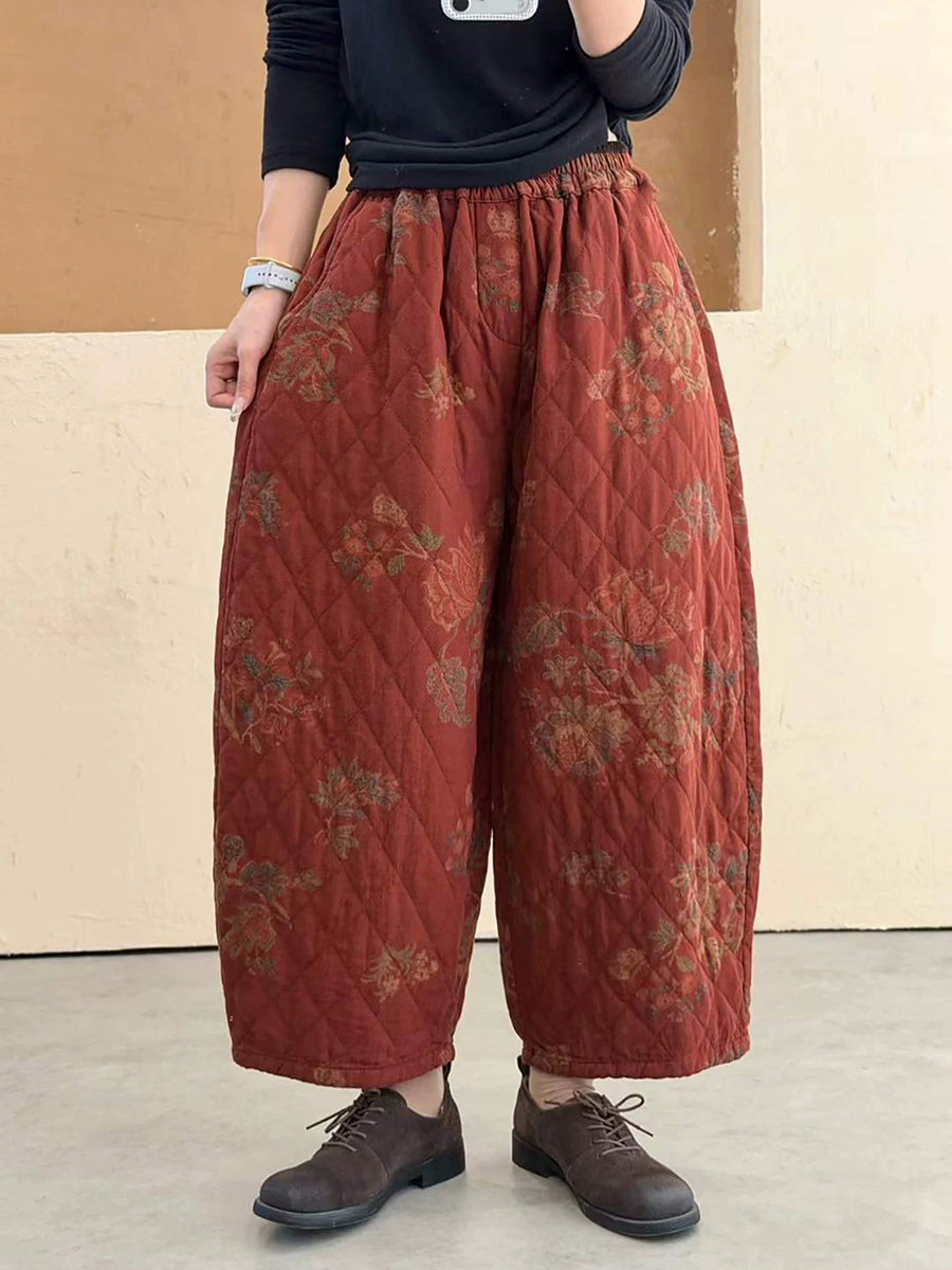 Women Winter Double-Layer Gauze Floral Print Padded Cotton Harem Pants