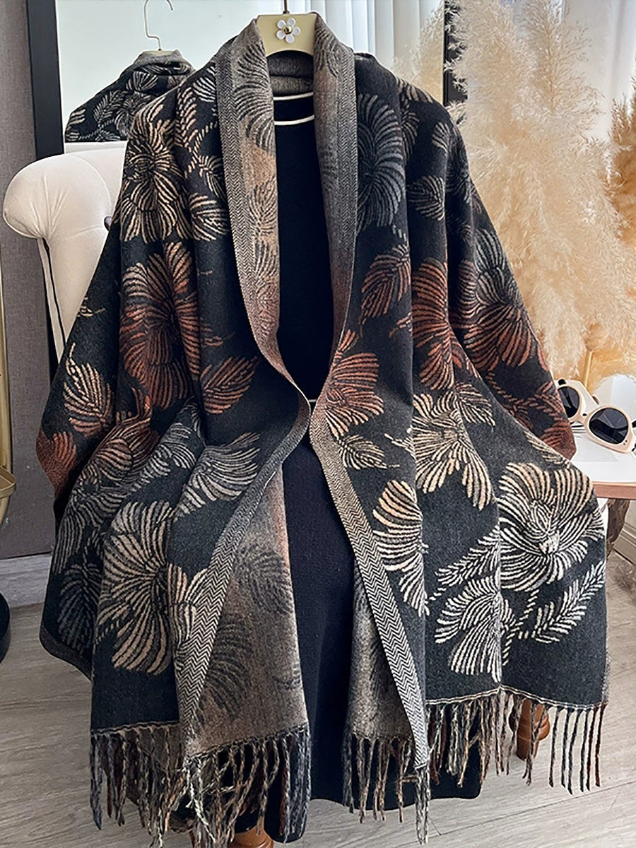Women Vintage Floral Faux Cashmere Tassel Scarf Shawl