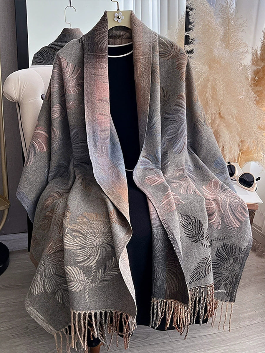 Women Vintage Floral Faux Cashmere Tassel Scarf Shawl