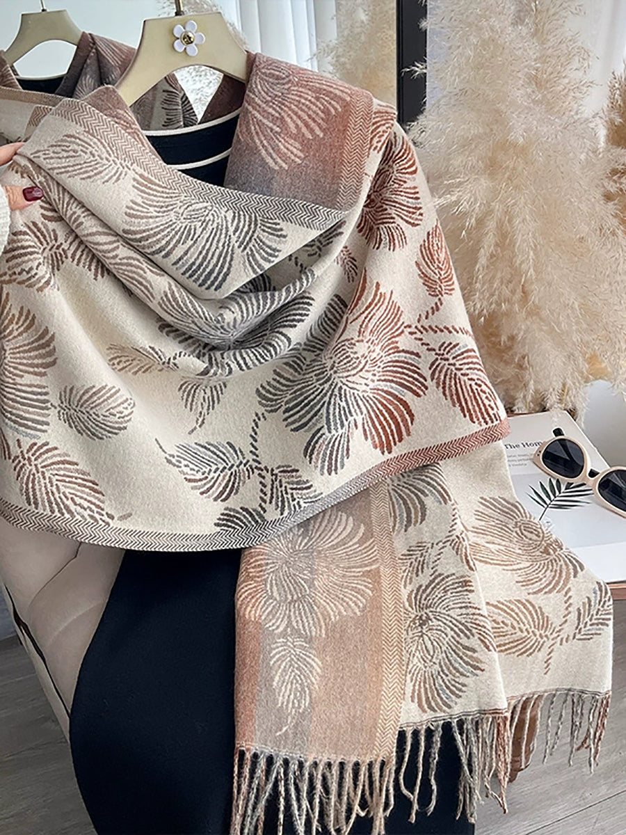 Women Vintage Floral Faux Cashmere Tassel Scarf Shawl