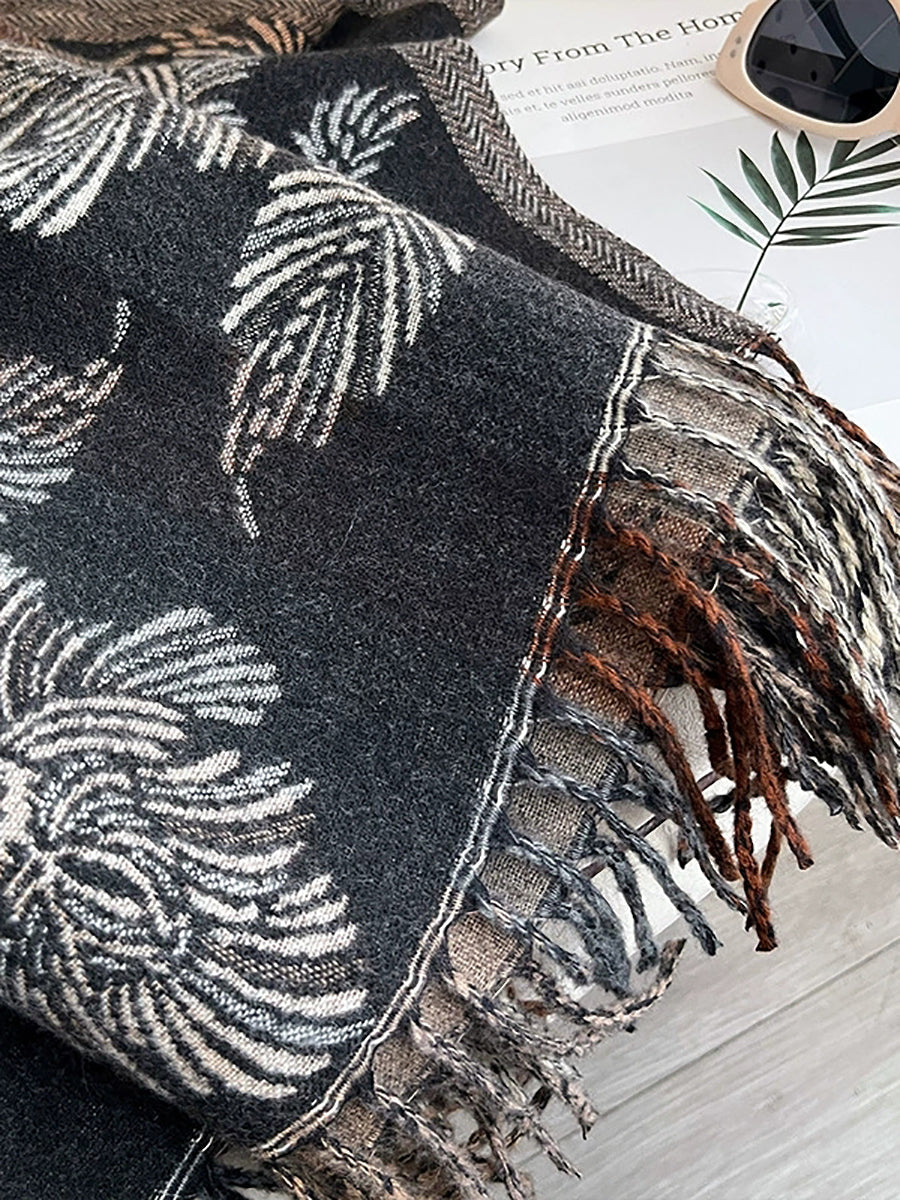 Women Vintage Floral Faux Cashmere Tassel Scarf Shawl