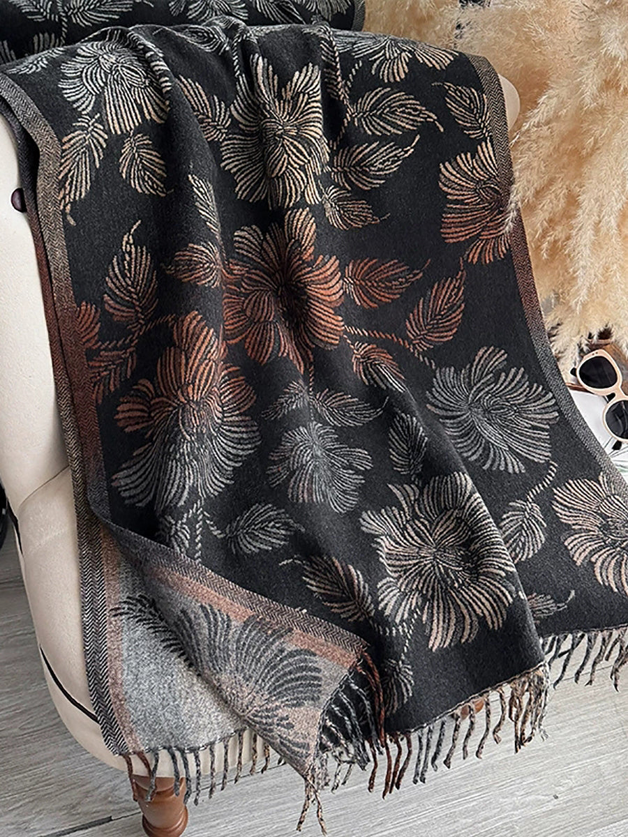 Women Vintage Floral Faux Cashmere Tassel Scarf Shawl