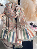 Women Vintage Floral Jacquard Reversible Tassel Shawl Scarf