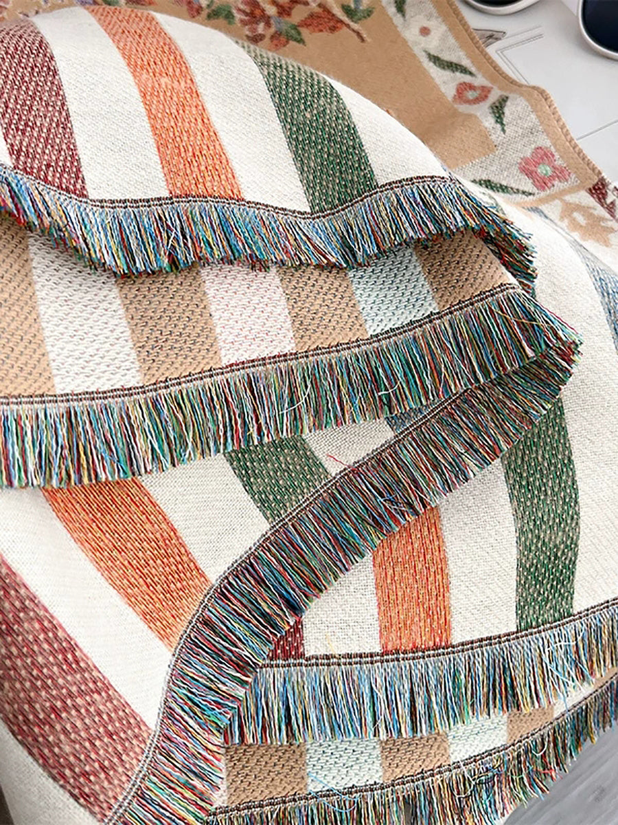 Women Vintage Floral Jacquard Reversible Tassel Shawl Scarf