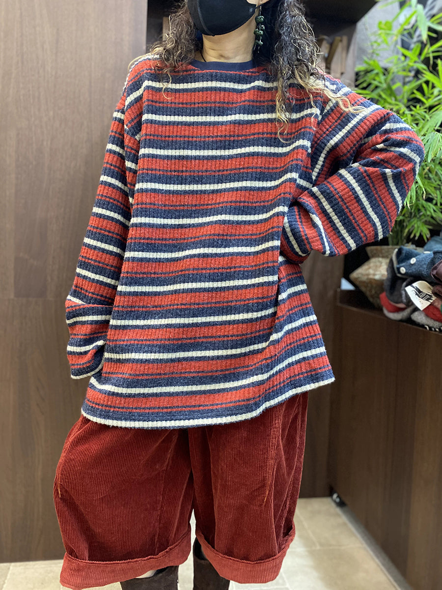 Women Vintage Striped Long Sleeve Cotton Thickened Knit Top