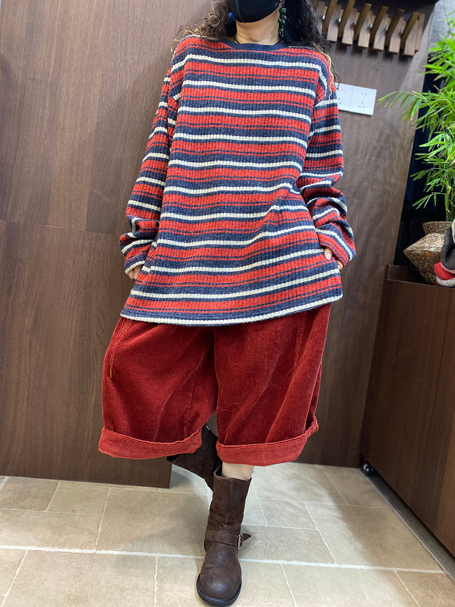 Women Vintage Striped Long Sleeve Cotton Thickened Knit Top