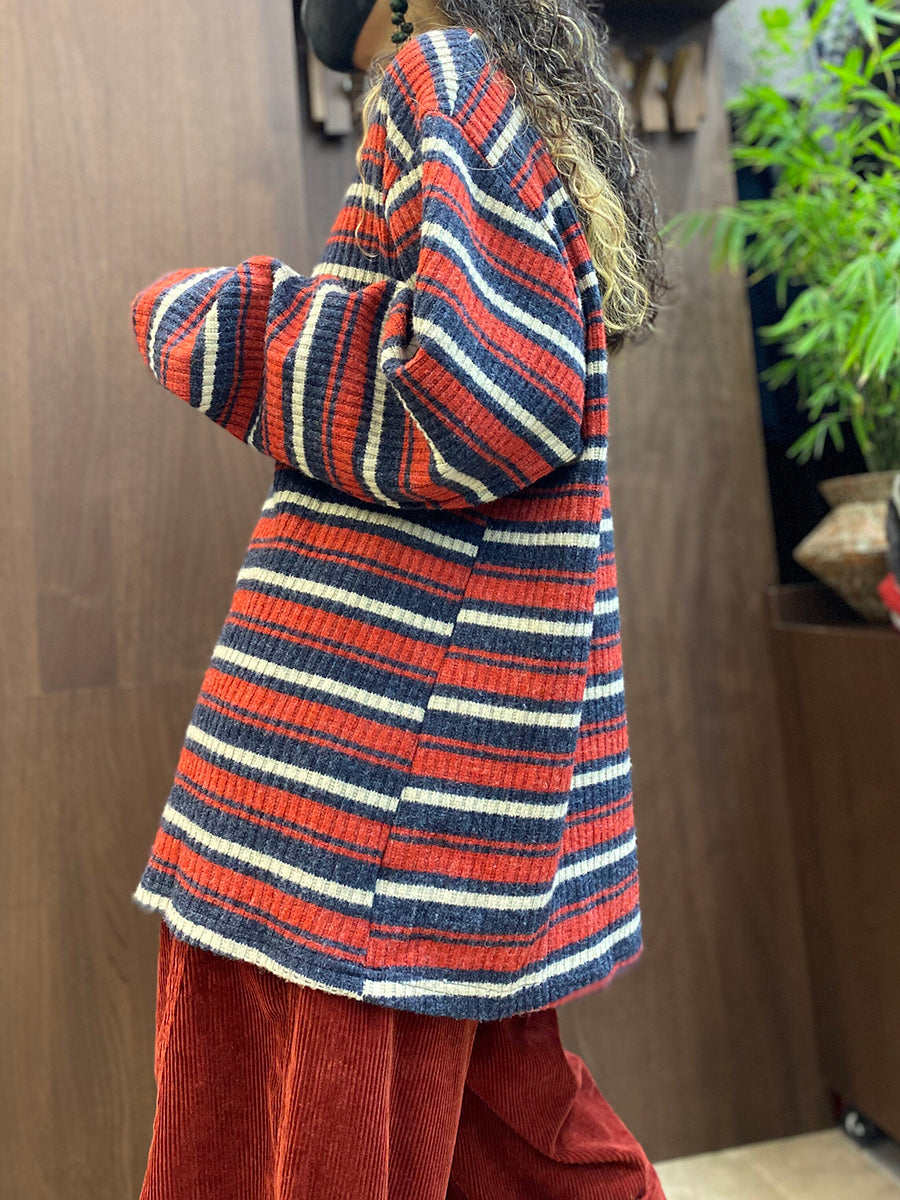 Women Vintage Striped Long Sleeve Cotton Thickened Knit Top