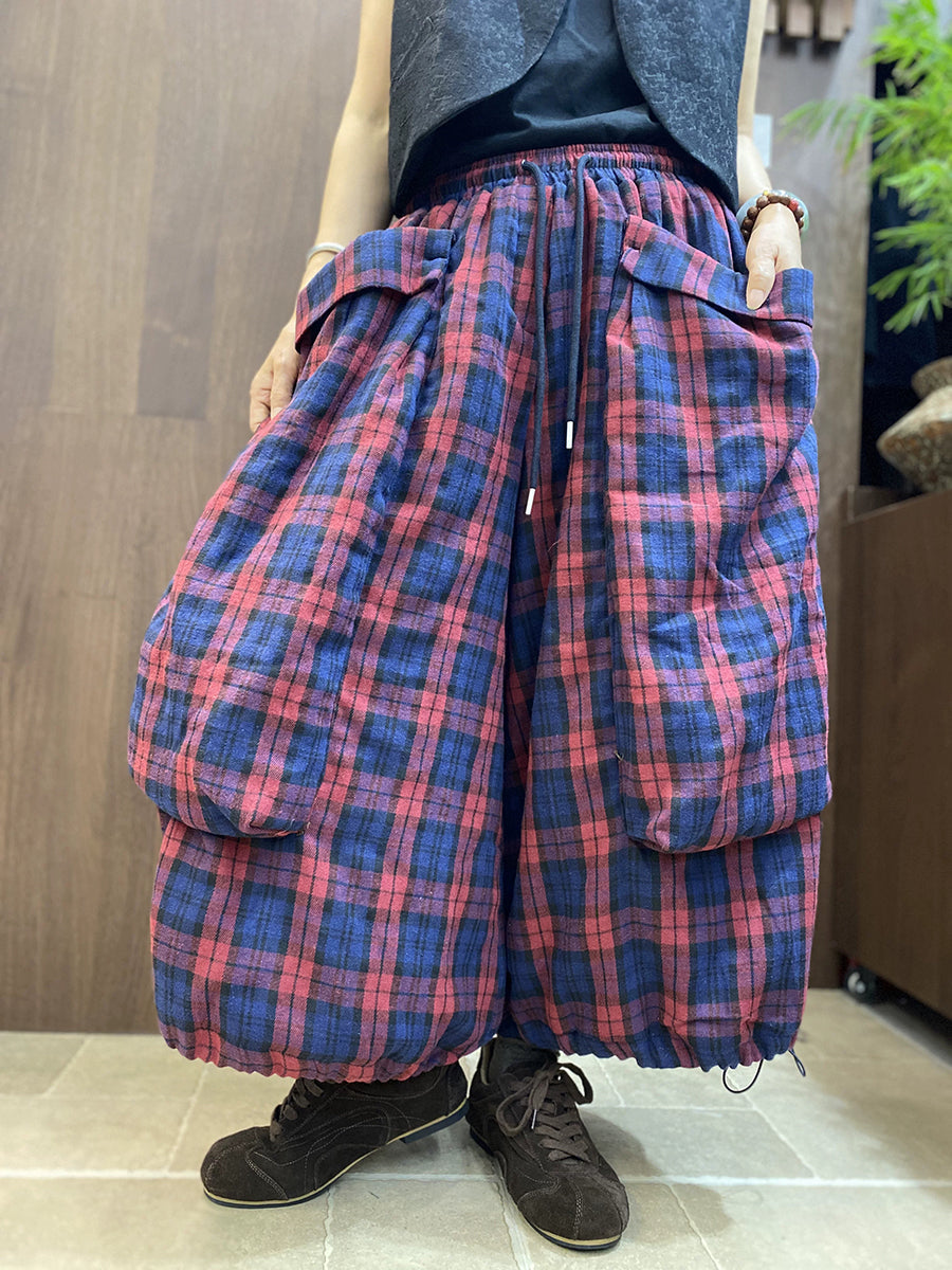 Women Vintage Plaid Cotton Wide-Leg Lantern Pants