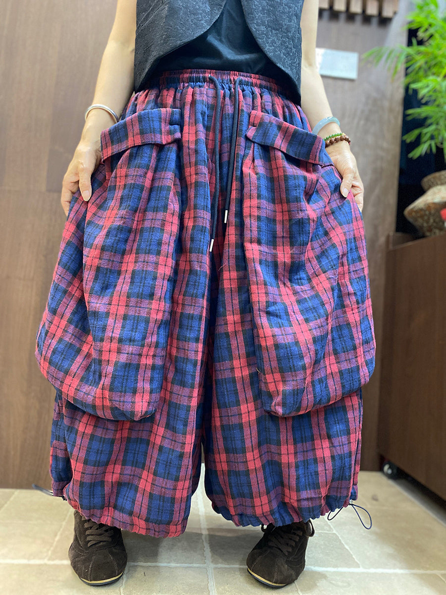 Women Vintage Plaid Cotton Wide-Leg Lantern Pants