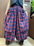 Women Vintage Plaid Cotton Wide-Leg Lantern Pants